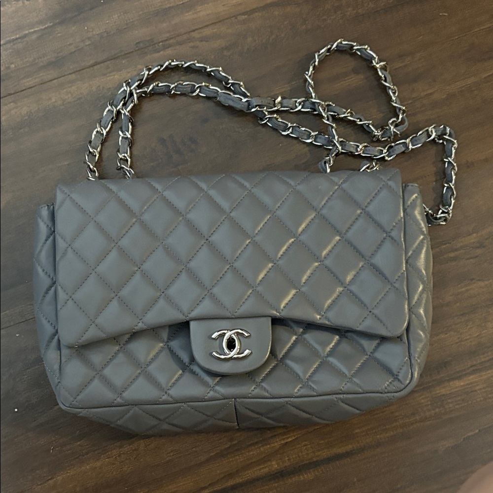 Chanel Classic Gray Quilted Shoulder Bag Jumbo Classic Flap